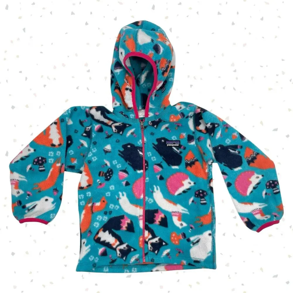 Patagonia Synchilla Fleece Hoodie Jacket Foxes Blue Pink Animal Print Size 4T